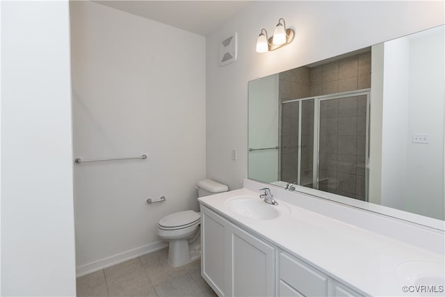 bathroom with tile patterned flooring, vanity, an enclosed shower, and toilet