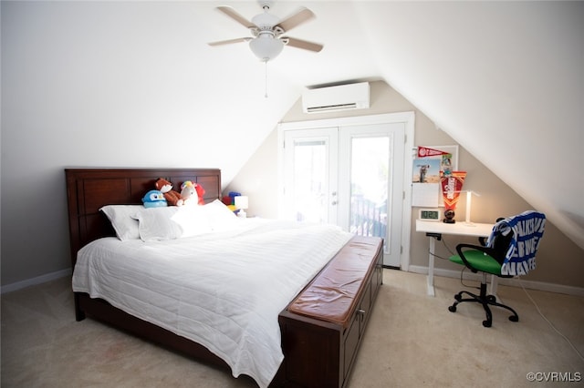 carpeted bedroom with access to exterior, lofted ceiling, ceiling fan, and a wall mounted air conditioner