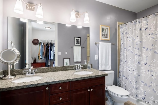 full bathroom featuring toilet, a sink, and a shower with shower curtain