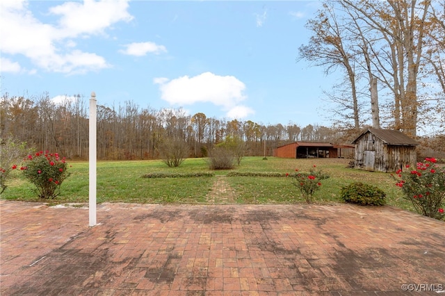 view of yard featuring a patio and an outdoor structure