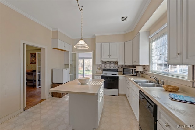 kitchen featuring dishwasher, sink, hanging light fixtures, white range with electric cooktop, and white cabinets