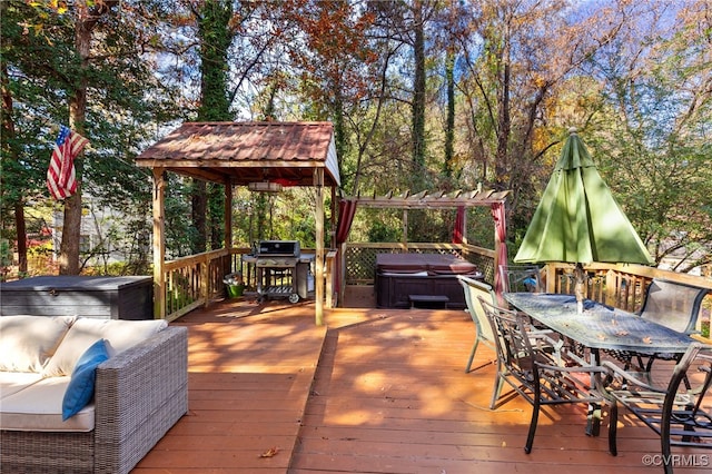 wooden terrace with an outdoor living space, area for grilling, a pergola, and a hot tub