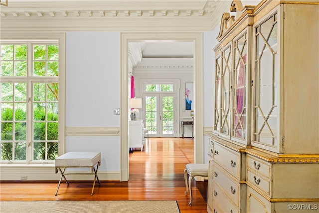 interior space featuring plenty of natural light, light wood-type flooring, crown molding, and french doors