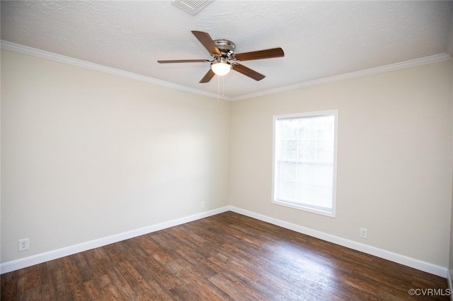 empty room featuring hardwood / wood-style floors, a textured ceiling, ceiling fan, and crown molding