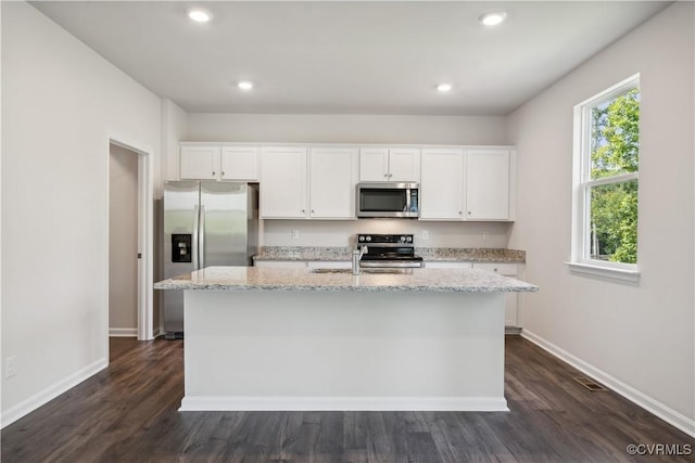 kitchen featuring white cabinetry, plenty of natural light, an island with sink, and appliances with stainless steel finishes