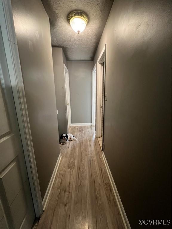 hallway featuring wood-type flooring and a textured ceiling