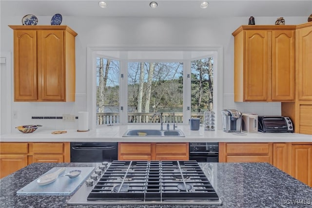 kitchen featuring tasteful backsplash, black appliances, and sink