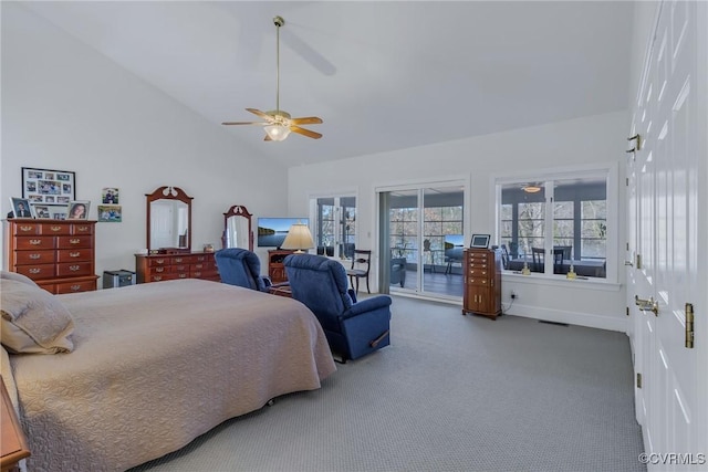 bedroom featuring ceiling fan, dark carpet, access to exterior, and high vaulted ceiling