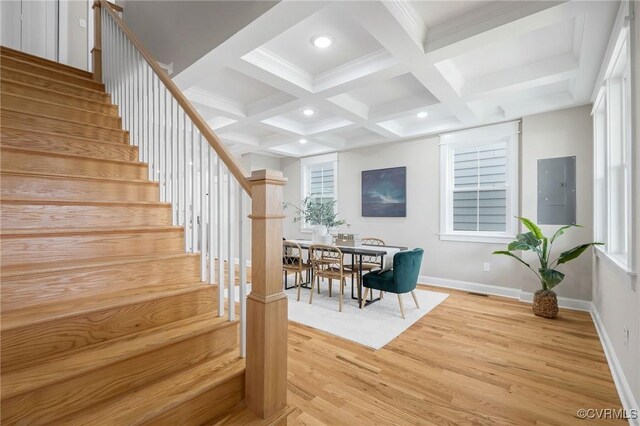 dining area with coffered ceiling, electric panel, beamed ceiling, and light wood-type flooring