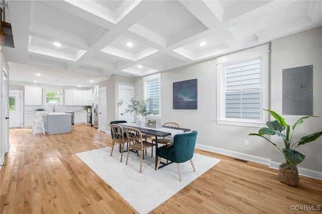 dining room featuring plenty of natural light, electric panel, beam ceiling, and light hardwood / wood-style flooring