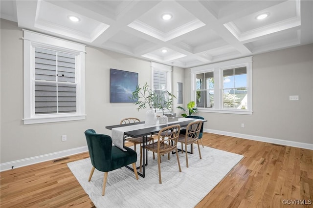 dining space featuring coffered ceiling, crown molding, beamed ceiling, and light wood-type flooring