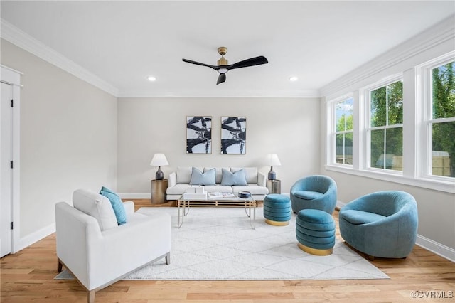 living room with ceiling fan, ornamental molding, and light wood-type flooring