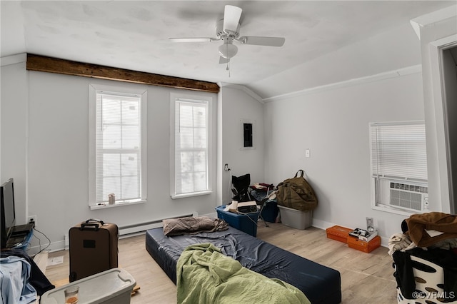 bedroom featuring ceiling fan, light hardwood / wood-style flooring, a baseboard heating unit, cooling unit, and vaulted ceiling