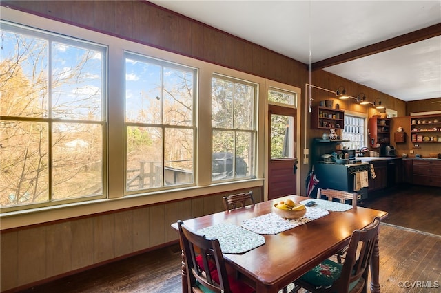 dining area with dark hardwood / wood-style flooring, wooden walls, and sink