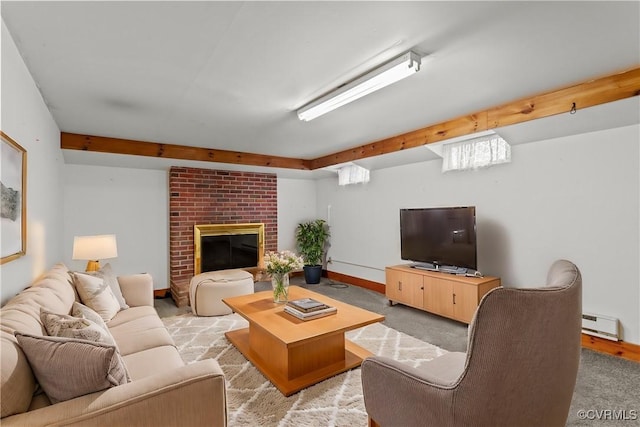 living room with a fireplace, light colored carpet, and a baseboard radiator