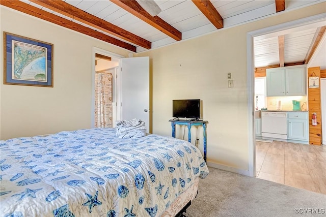 bedroom featuring beam ceiling, light carpet, and wood ceiling