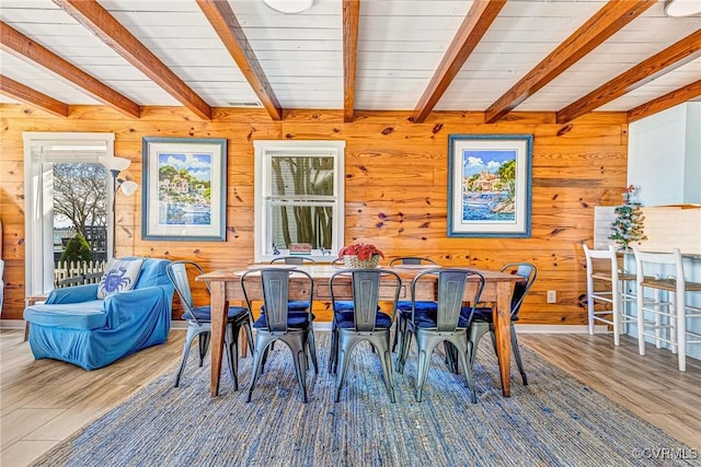 dining area featuring beam ceiling, wooden walls, wood-type flooring, and wooden ceiling