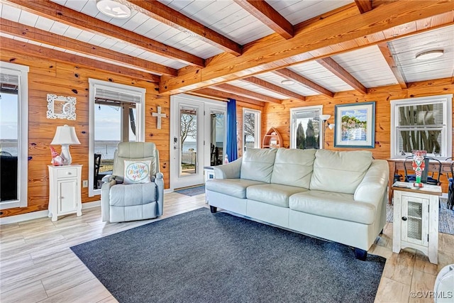 living room featuring a healthy amount of sunlight and wood walls