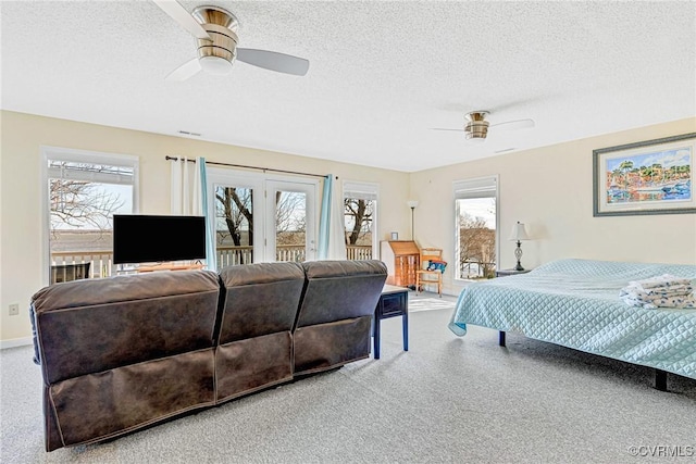 bedroom featuring ceiling fan, a textured ceiling, access to outside, and multiple windows