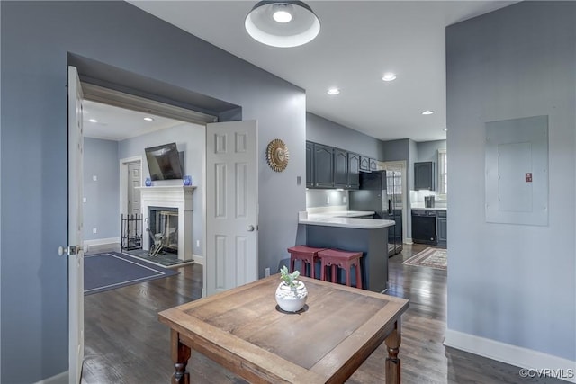 dining room featuring electric panel and dark hardwood / wood-style floors