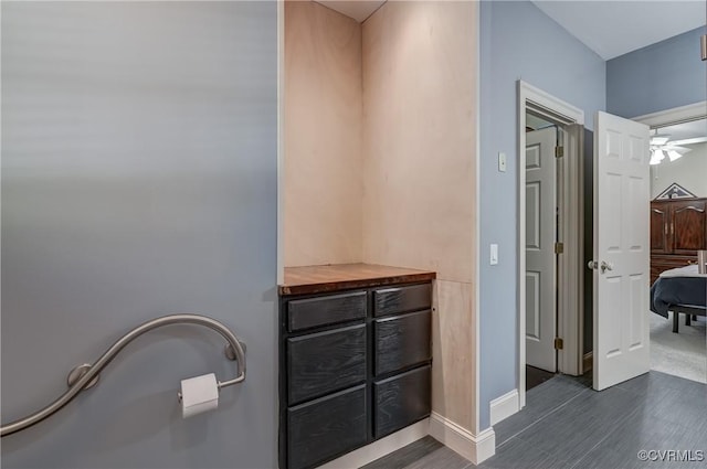 bathroom featuring ceiling fan and wood-type flooring