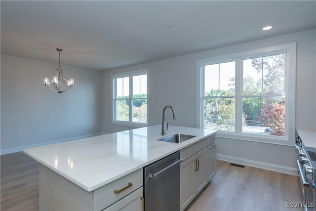 kitchen with sink, an island with sink, a healthy amount of sunlight, and appliances with stainless steel finishes