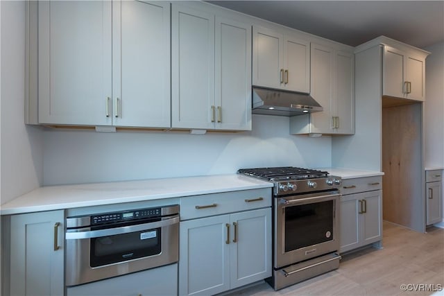 kitchen with gray cabinets, light wood-type flooring, and stainless steel appliances