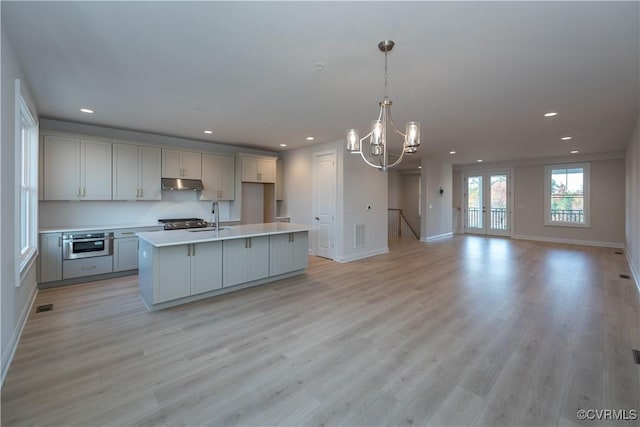 kitchen featuring sink, hanging light fixtures, light hardwood / wood-style flooring, an island with sink, and appliances with stainless steel finishes