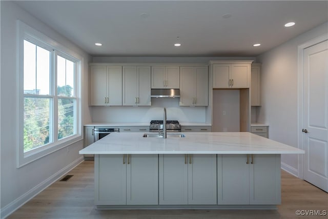 kitchen with plenty of natural light, light stone counters, and an island with sink