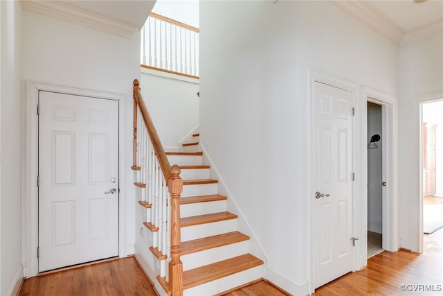 staircase with hardwood / wood-style floors and ornamental molding