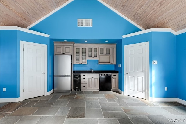 kitchen with black dishwasher, stainless steel refrigerator, ornamental molding, and wood ceiling