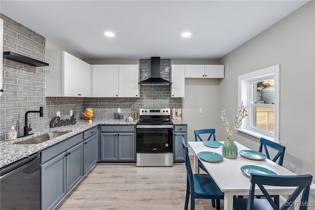 kitchen featuring appliances with stainless steel finishes, gray cabinetry, sink, wall chimney range hood, and white cabinetry