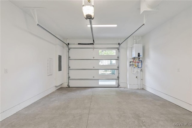 garage with electric panel and tankless water heater