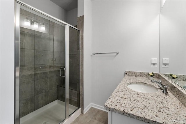 bathroom featuring tile patterned flooring, vanity, and walk in shower