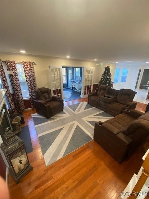 living room featuring french doors and wood-type flooring