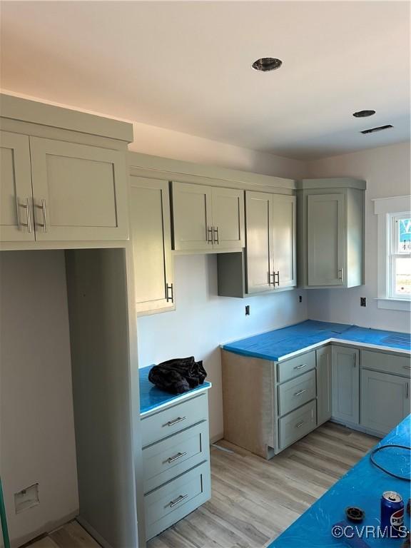 kitchen with light hardwood / wood-style floors and gray cabinetry