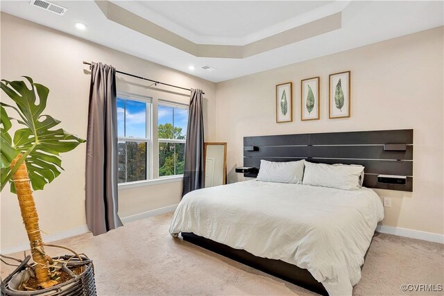 bedroom featuring light colored carpet and a raised ceiling