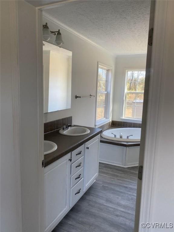 bathroom with vanity, hardwood / wood-style floors, a textured ceiling, and a tub to relax in