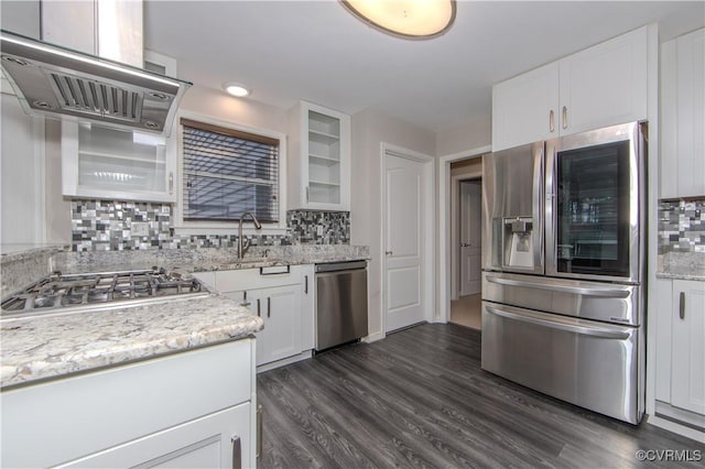 10710 Courthouse Rd, Dinwiddie, VA 23841 - kitchen with light stone countertops, backsplash, stainless steel appliances, white cabinets, and dark hardwood / wood-style floors