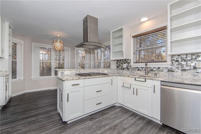 10710 Courthouse Rd, Dinwiddie, VA 23841 - kitchen featuring island exhaust hood, appliances with stainless steel finishes, tasteful backsplash, and white cabinetry
