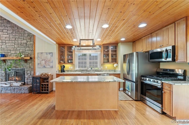 kitchen with light hardwood / wood-style floors, a center island, wooden ceiling, and stainless steel appliances