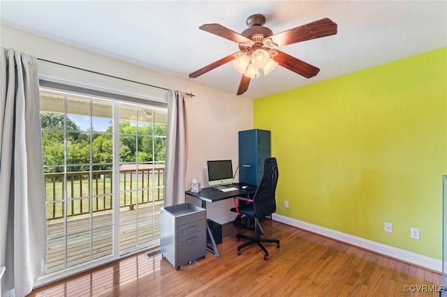 office with ceiling fan and wood-type flooring