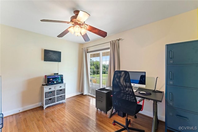 office space featuring ceiling fan and light hardwood / wood-style floors