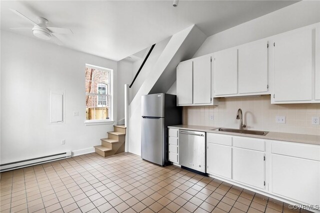 kitchen featuring ceiling fan, sink, a baseboard radiator, white cabinets, and appliances with stainless steel finishes