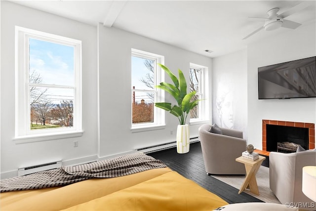 living room featuring a fireplace, plenty of natural light, and a baseboard heating unit