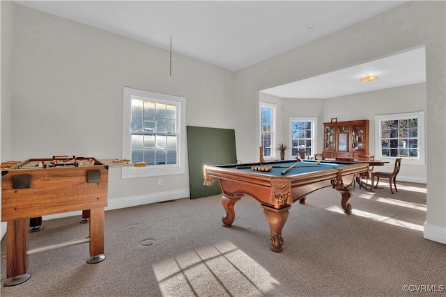 rec room with carpet flooring, a wealth of natural light, and billiards