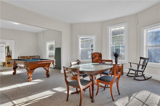 rec room featuring light colored carpet, a wealth of natural light, and billiards