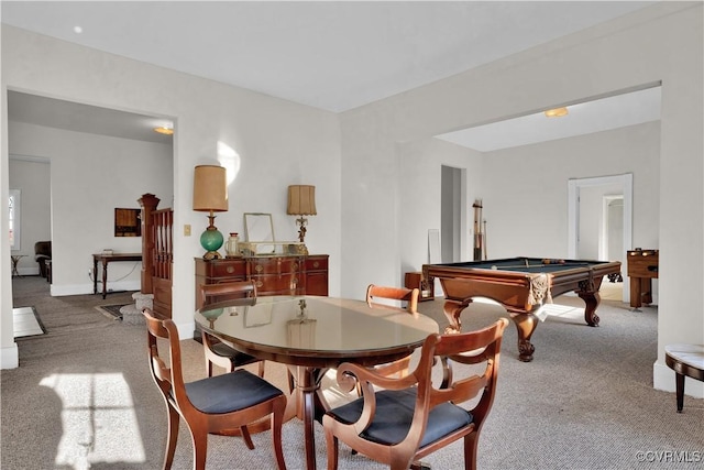 carpeted dining room featuring billiards