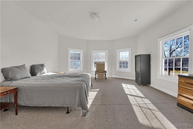 bedroom with light colored carpet and multiple windows