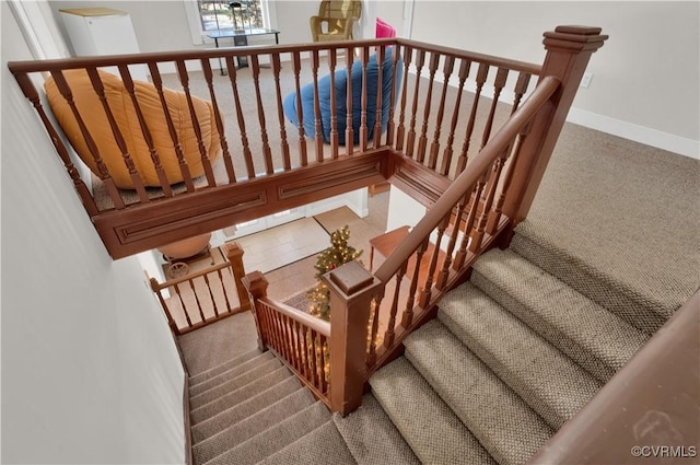 stairway featuring carpet flooring